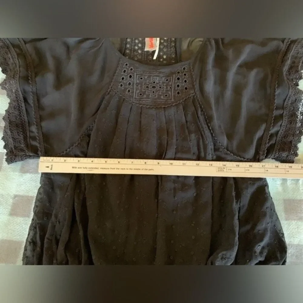 Free People Black Sheer Embroidered Lacy Short Batwing Sleeve Top Size S